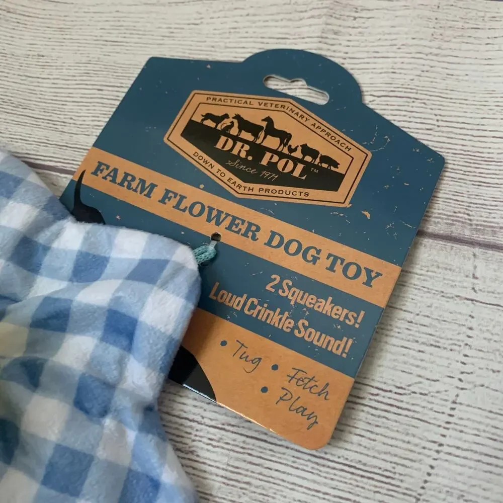 Dr. Pol Farm Flower Dog Toy Blue Gingham Plaid 2 Squeakers Crinkle 12 1/2